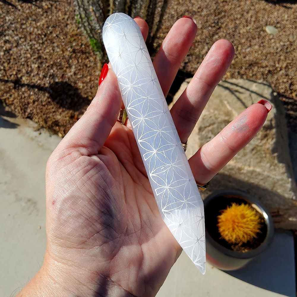 Luminous Thick Selenite Wand Etched with Flower of Life